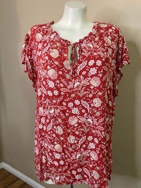 Angels Red Floral crinkle rayon peasant, Summer drawstring neck top 2X ❤️